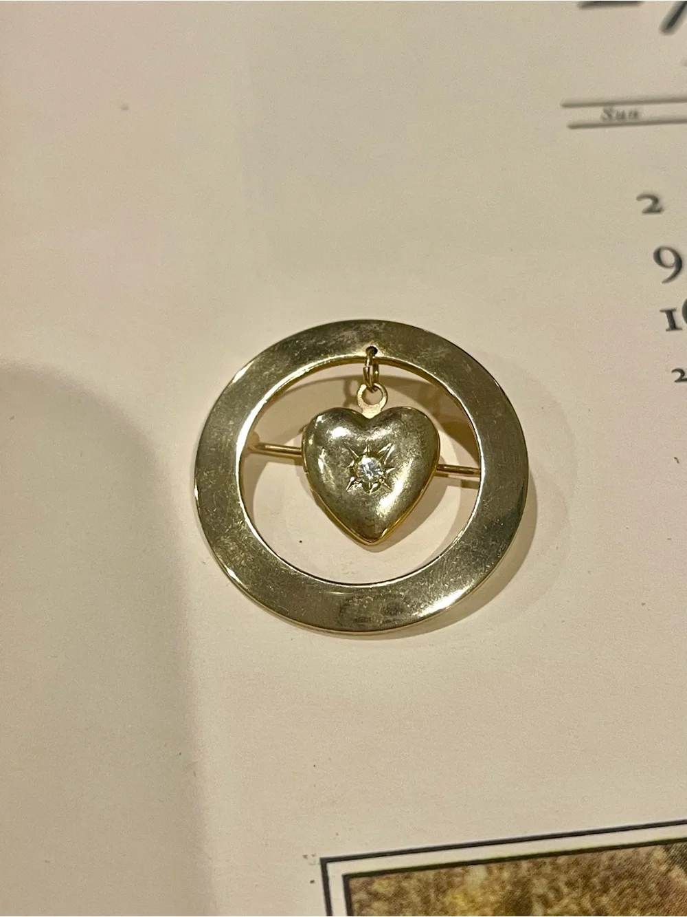 Vintage Gold Heart Locket with Starburst Diamond Flake-Circle Brooch